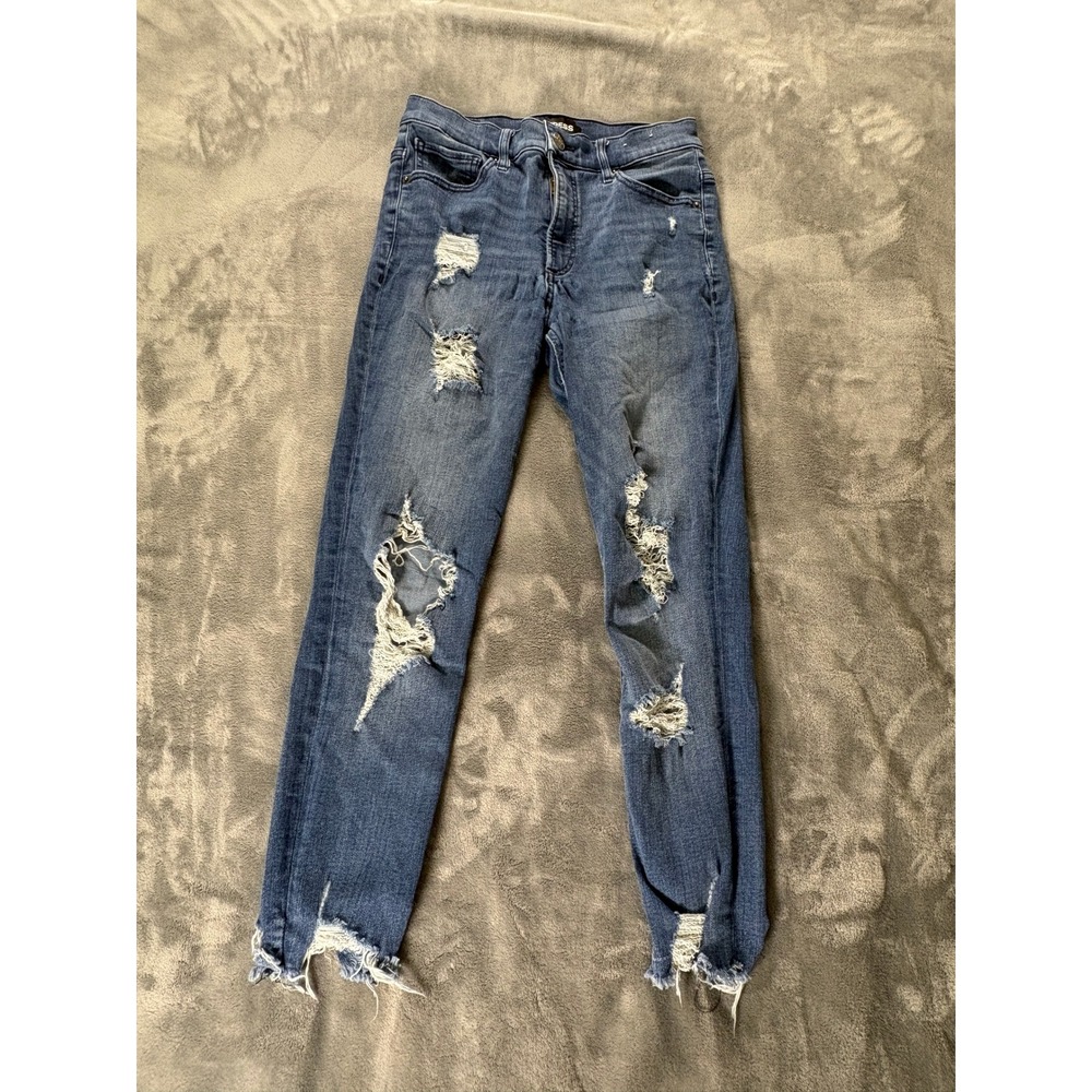 Express Womens Denim Perfect Ankle High Rise Jeans 4S Blue Distressed Stretch+